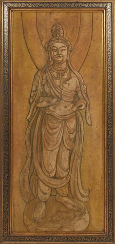 Standing Buddha, watercolor and ink on canvas laid to board, with signature or inscription lower left, presented in a gilt frame H.- 47 1/2 in., W.- 1