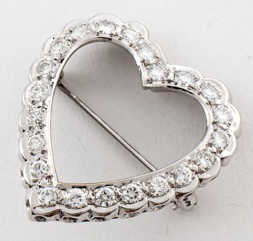 Modern 14K White Gold Diamond Heart Brooch / Pin