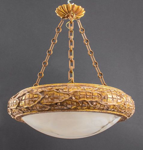 Art Deco Giltwood and Alabaster Ceiling Pendant