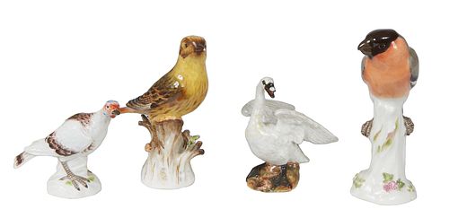 Four Meissen Porcelain Bird Figures, early 20th c., of a swan, #1213; a Robin; a goose #321; and a yellow bird #104, Robin- H.- 6 1/2 in., W.- 2 in., 