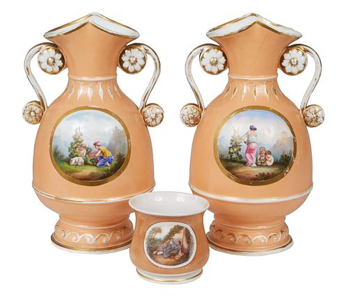 Pair of Old Paris Style Porcelain Baluster Vases, 19th c., the canteloupe ground, with a gilt framed oval painted reserve, of a classical woman pickin