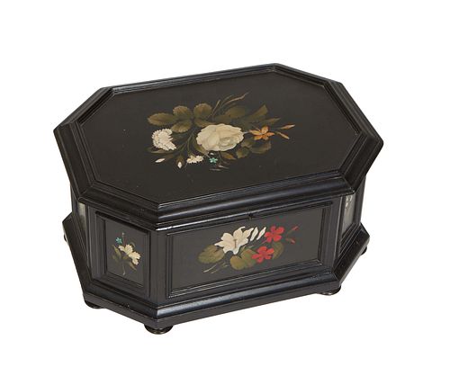 Italian Pietra Dura Black Marble Jewelry Box, 19th c., of octagonal form, the top and all sides with inlaid flowers, on six disc feet, H.- 5 1/4 in., 