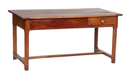 French Provincial Carved Cherry Farmhouse Table, late 19th c., the rectangular top over a wide skirt with one end drawer and one drawer on one long si