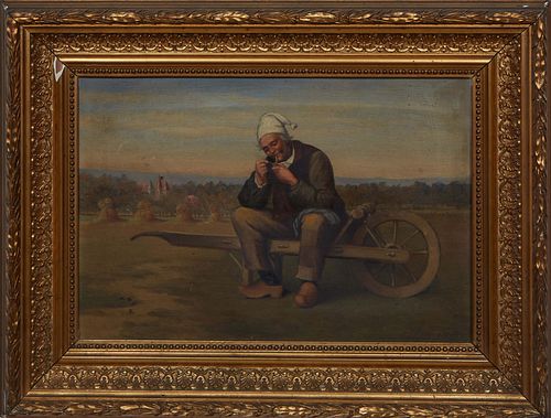 V Par Pondevaux, "Seated Dutchman with a Pipe," oil on canvas, signed indistinctly lower right, presented in a gilt and gesso frame, H.-8 3/4 in., W.-
