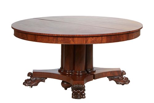 American Victorian Carved Mahogany Triple Pedestal Banquet Table, late 19th c., with five leaves, on rounded pedestals to large paw feet, H.- 29 3/4 i