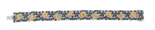 18K White and Rose Gold Link Bracelet, the ten links with central yellow diamonds, flanked by round blue sapphires and white diamonds, total yellow di