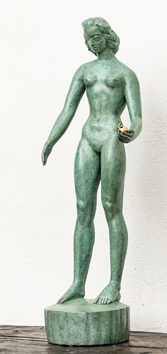 MARSHALL FREDERICKS (AMERICAN, 1908–1998) BRONZE SCULPTURE, H 19" DIA 5" EVE WITH GOLDEN APPLE 