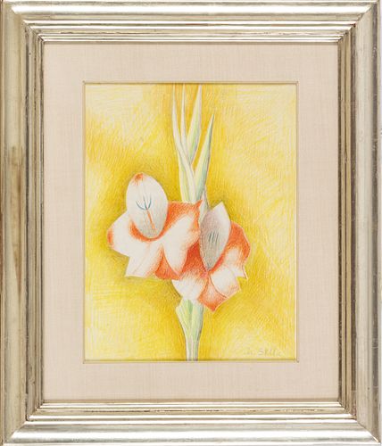 JOSEPH STELLA (AMERICAN, 1877–1946) CRAYON AND GOLD POINT ON PAPER, CIRCA 1920 H 13.75 W 10.75 STILL LIFE WITH GLADIOLAS 