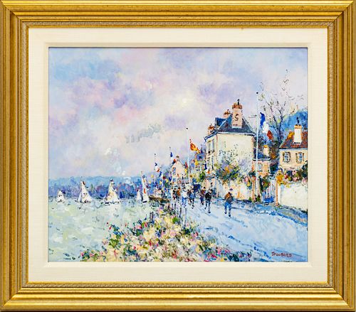 J.P. DUBORD, OIL ON CANVAS H 20" W 23" FRENCH STREET AND HARBOR SCENE 