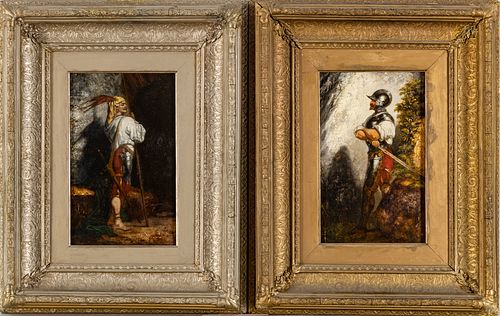AFTER ALEXANDRE GABRIEL DECAMPS (FRENCH, 1803-1860) OIL ON MAHOGANY PANELS, 2 PCS, H 11.25", W 7", PALACE GUARDS 