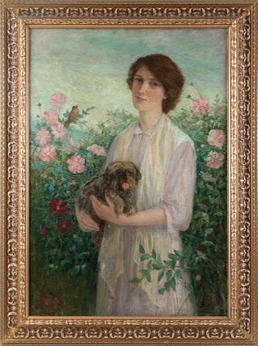 FREDERICK STUART CHURCH (AMERICAN, 1842-1924), OIL ON CANVAS, 1912, H 38.5", W 26.75", PORTRAIT OF A WOMAN WITH A DOG 