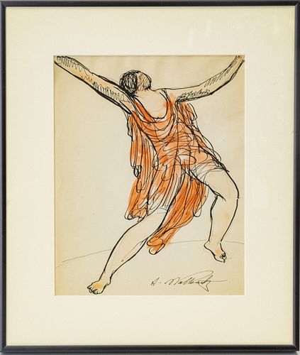ABRAHAM WALKOWICZ (RUSSIAN/AMER, 1878-1965) WATERCOLOR & INK ON PAPER, H 9.75", W 7.5", ISADORA + BOOK 