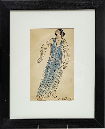 ABRAHAM WALKOWICZ (RUSSIAN/AMER, 1878-1965) WATERCOLOR & INK ON PAPER, H 9", W 5.5", BLUE DANCER 