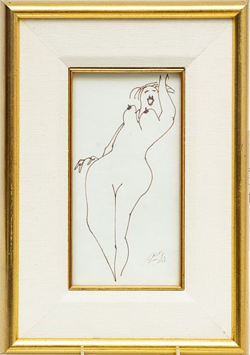 RICHARD M. KOZLOW (AMERICAN, 1926–2008) INK ON WOVE PAPER, H 8.25" W 4.25" RECLINING NUDE 