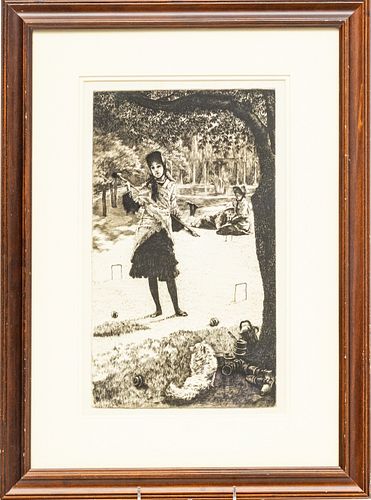 JAMES JACQUES JOSEPH TISSOT (FRENCH, 1836–1902) ETCHING AND DRYPOINT ON WOVE PAPER, 1878, H 12" W 7" (PLATE) LE CROQUET 