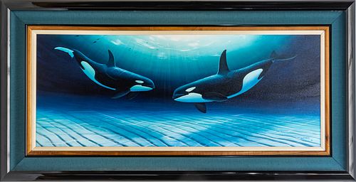 ROBERT WYLAND (AMERICAN, B. 1956) OIL ON CANVAS, 1996, H 24", W 60", "ORCA DANCE" 