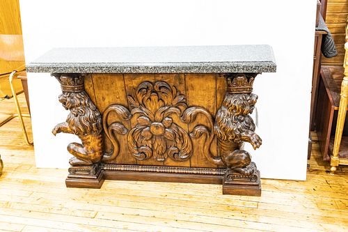 ENGLISH, 19TH CENTURY, CARVED MAHOGANY FAUX GRANITE TOP CONSOLE TABLE H 33.5" L 52" D 12" 