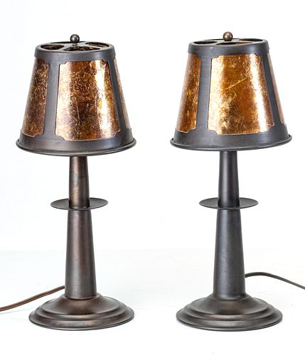 MICA LAMP CO. COPPER TABLE LAMPS, PAIR, H 14.25", DIA 5"