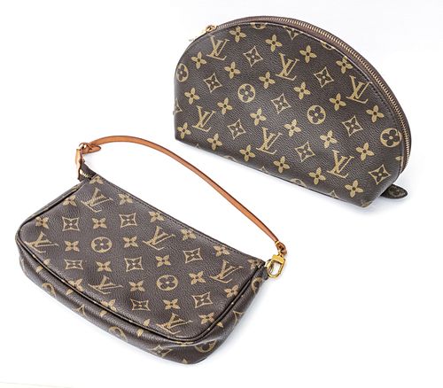 LOUIS VUITTON (FRENCH, ESTABLISHED 1854) LEATHER MONOGRAM COSMETIC POUCH AND MONOGRAM POCHETTE GROUP OF TWO H 6.5-11" (INCLUDING HANDLE) W 8.5-11" D 1