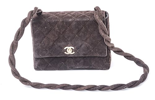 CHANEL QUILTED CHOCOLATE SUEDE, TWISTED STRAP HANDBAG, H 6.5", W 8.5", D 3" 