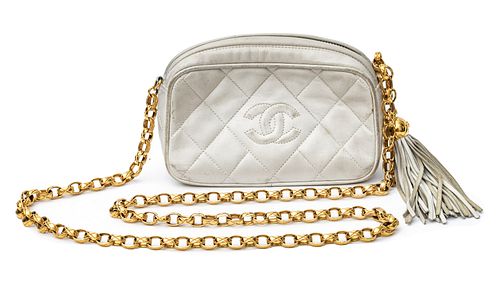 CHANEL QUILTED WHITE LEATHER, GOLD TONE CHAIN STRAP HANDBAG, H 4.25", W 7", D 2.25" 