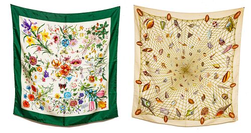 GUCCI (CO.) (ITALIAN, 1921) FLORAL AND NAUTICAL SILK SCARVES, GROUP OF TWO 