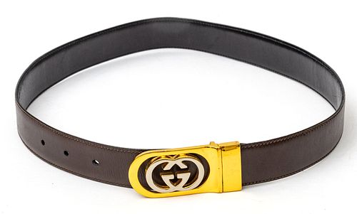 GUCCI (CO.) (ITALIAN, 1921) VINTAGE BROWN LEATHER BELT WITH GOLD PLATED HARDWARE, L 32.75"