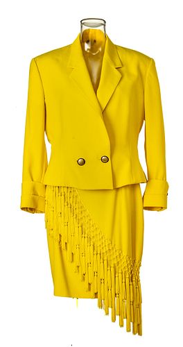 GIANNI VERSACE (ITALIAN, 1946–1997) VINTAGE COUTURE WOOL AND NYLON YELLOW BLAZER WITH SKIRT 