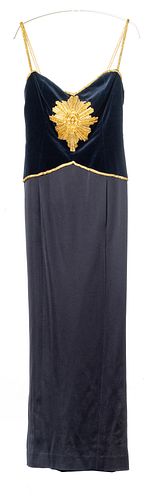 CHANEL (CO.) (FRENCH, ESTABLISHED 1909) VINTAGE NAVY VELVET AND HAND BEADED GOWN 