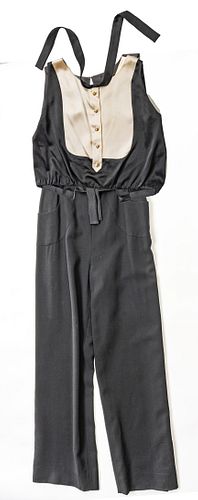 CHANEL (CO.) (FRENCH, ESTABLISHED 1909) BLACK WOOL PANTS WITH SILK LINING AND TAN/BLACK SILK TOP 2 PCS. 