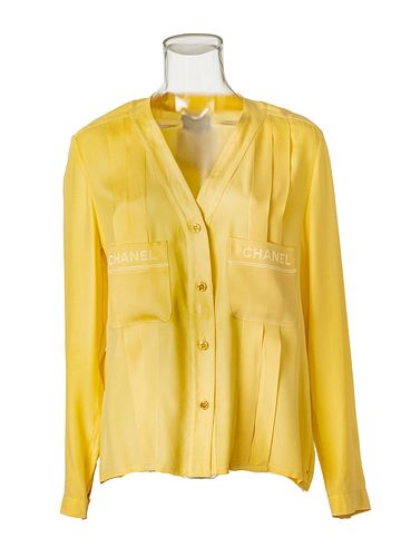 CHANEL (CO.) (FRENCH, ESTABLISHED 1909) YELLOW SILK BLOUSE WITH 'CHANEL' POCKETS, WHITE BUTTON DOWN AND MONOGRAMED T-SHIRT 3 PCS. 