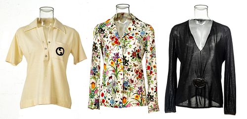 GUCCI (CO.) (ITALIAN, 1921) FLORAL BLOUSE; MONOGRAM WOOL T SHIRT; LONG SLEEVE BLACK BLOUSE WITH LEATHER FLOWER 3 PCS. 