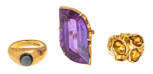 LADY'S GROUP OF THREE GOLD RINGS WITH VARIOUS STONES 