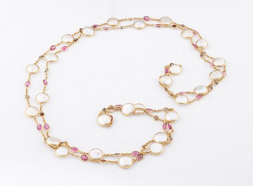 LAURA MUNDER, JAPANESE WHITE COIN PEARL AND PINK TOURMALINE NECKLACE L 64" 