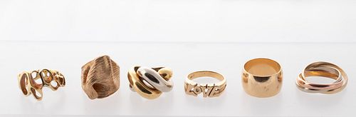 14KT AND 18KT WHITE, YELLOW & ROSE GOLD LADIES RINGS, 6 PCS, T.W. 54 GR, SIZES: 4-9 