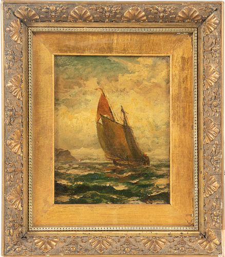 19TH CENTURY AMERICAN OIL ON CANVAS MOUNTED TO BOARD, H 12.25", W 10.25", BOAT ON THE SEA 