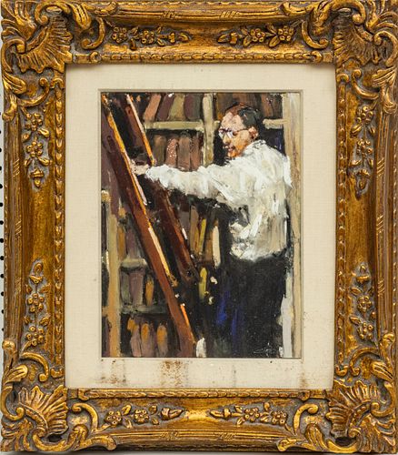 JODI DEPEW MCLEANE  (AMERICAN, 20TH/21ST CENTURY) PASTEL ON PAPER, H 14" W 10.5" STANDING FIGURE OF A MAN NEAR A BOOKCASE WITH A LADDER 