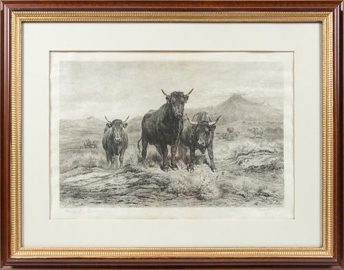 ROSA BONHEUR (FRENCH, 1822-1899) ENGRAVING ON PAPER, 1891, H 16.5", W 25.5", GRAZING CATTLE 