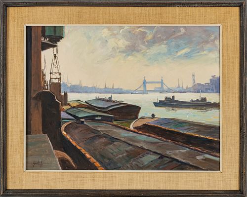 JOHN FREDERICK SWALLEY (TOLEDO, OHIO 1887-1976) OIL ON CANVAS, H 18", W 24", LONDON BRIDGE 