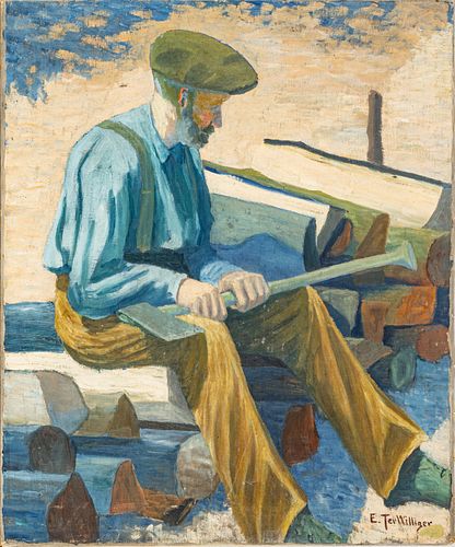E. TED WILLINGER (AMERICAN), OIL ON CANVAS, H 24", W 20", MAN WITH AXE SEATED ON WOOD PILE 