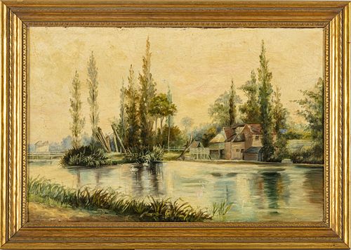 UNSIGNED OIL ON CANVAS, C 1940 H 15", W 23", RURAL LAKE SCENE 