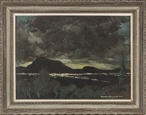 FREDERIC WHITAKER, N.A. (AMERICAN, 1891-1980), WATERCOLOR ON PAPER,  H 22", W 30", NIGHT COSTAL SCENE WITH MOUNTAINS 
