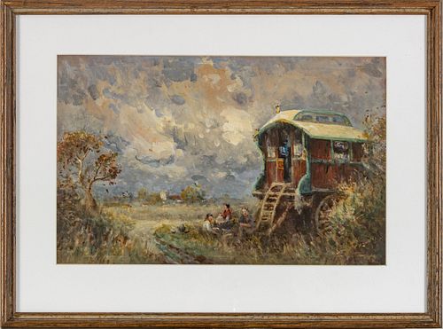 UNSIGNED GOUACHE ON PAPER, H 11", W 17", GYPSY WAGON 