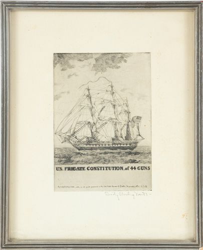 EMILY BURLING WAITE (AMERICAN, 1887-1980) ENGRAVING ON PAPER, H 7", W 5", U.S. FRIGATE CONSTITUTION OF 44 GUNS 