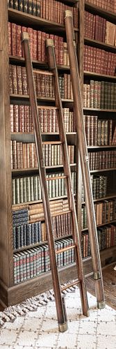 LEATHER AND WOOD RETRACTABLE  LIBRARY LADDERS, PAIR H 92" W 12.5" 