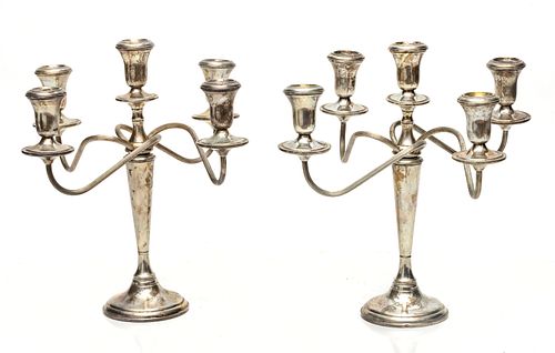 REED & BARTON WEIGHTED STERLING SILVER CANDELABRA, PAIR, H 13.5", W 14" 