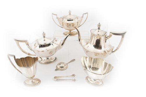 GORHAM 'PLYMOUTH' STERLING SILVER COFFEE & TEA SET + TONGS & STRAINER, 7 PCS, H 4.5"-9.5", T.W. 73.93 TOZ 