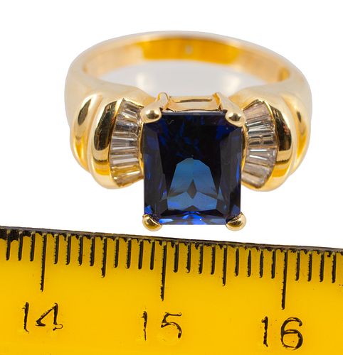 BLUE SAPPHIRE (3CT)  RING,  SIDE DIAMOND BAGUETTES SIZE 8 1/2 