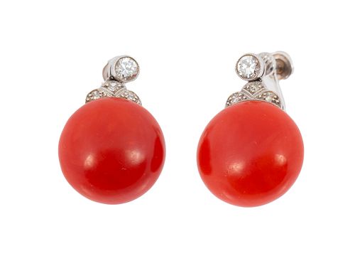 14KT WHITE GOLD, DIAMOND  AND CORAL  EARRINGS, C. 1960 