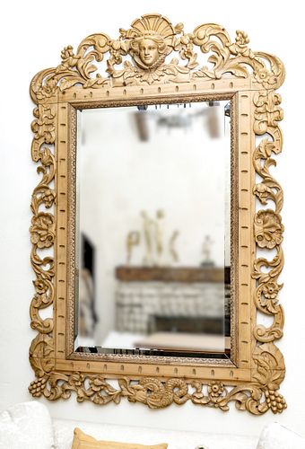 STRIPPED PINE CARVED WOOD BAROQUE MIRROR, 19TH CENTURY, H 79" L 53" 